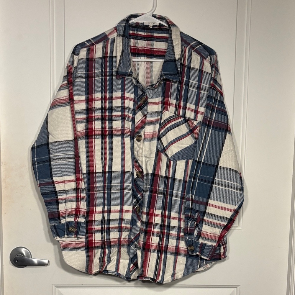 Plaid Button-Up Shacket in Blue, Red, and White